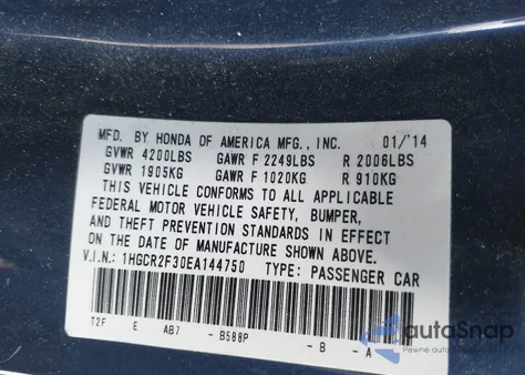 2014 Honda Accord Lx from USA, damaged, VIN 1HGCR2F30EA144750